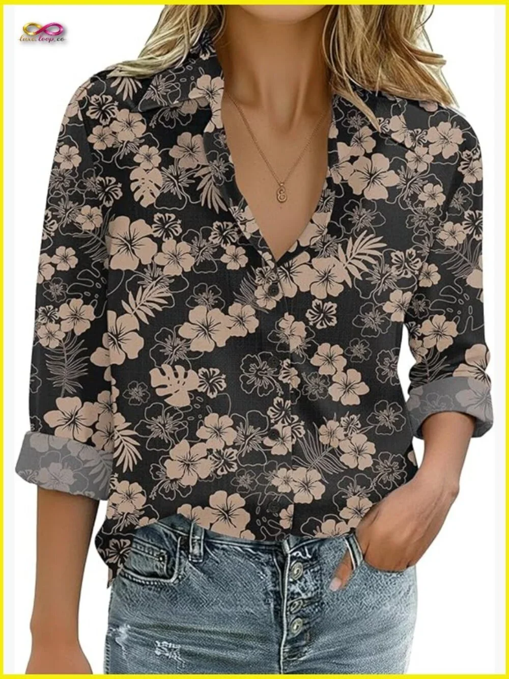 Oversized Cotton Button Down Blouse V-Neck Loose Fit Classic Chic Casual